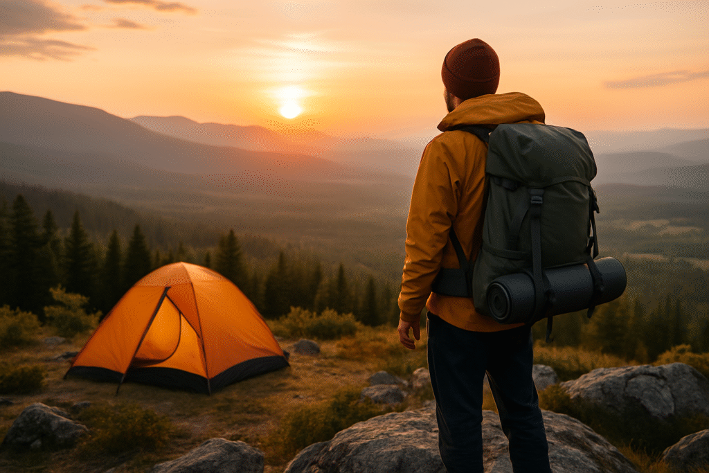 Hiker standing at a scenic overlook, symbolizing adventure and lightweight travel with Trail Lite Gear.