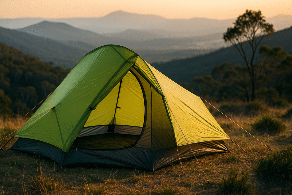 Lightweight camping tent pitched at sunrise in the Australian outback.